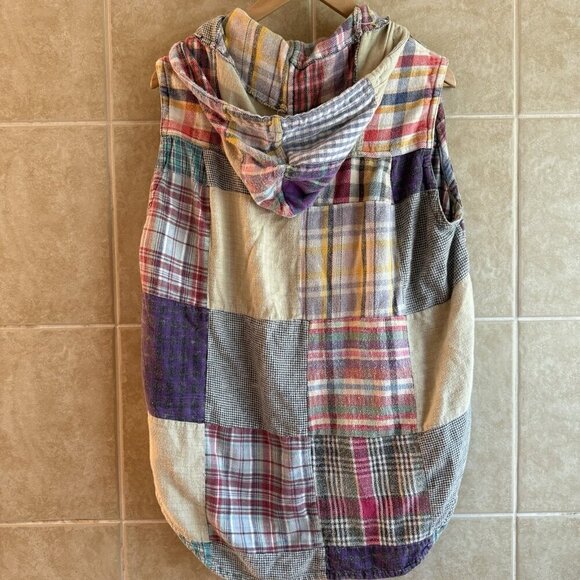 Vintage 90s Paragraff Vest Mens M Plaid Patchwork Flannel Hooded Button Grunge - Picture 2 of 10